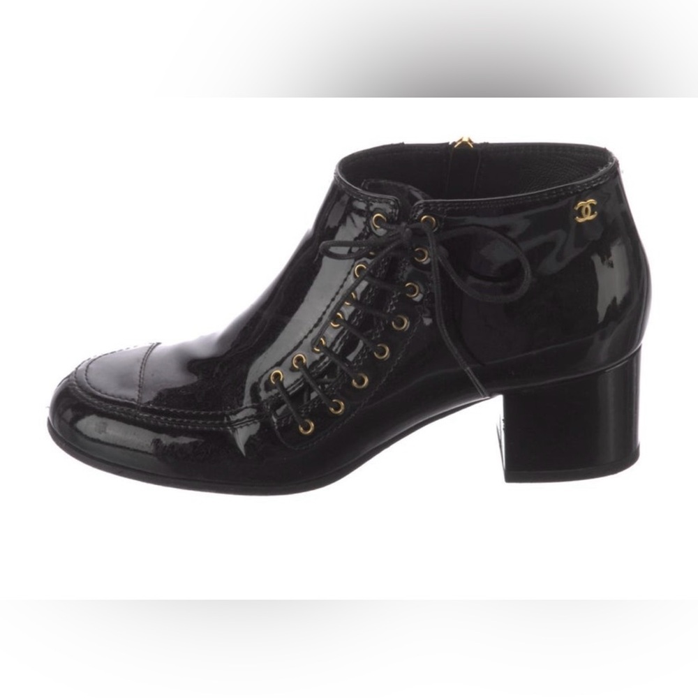Chanel Black patent leather Lace UP Ankle Boots